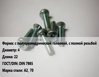 Винт с полуцилиндрической головкой, с полной резьбой 4х22 DIN 7985 Сталь: А2, 70